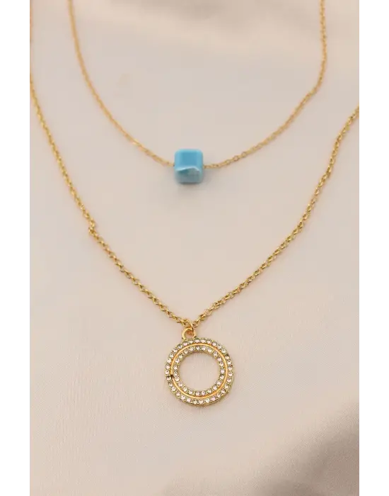 Gold Renk Metal Çift Zincirli Mavi Taşlı Kolye