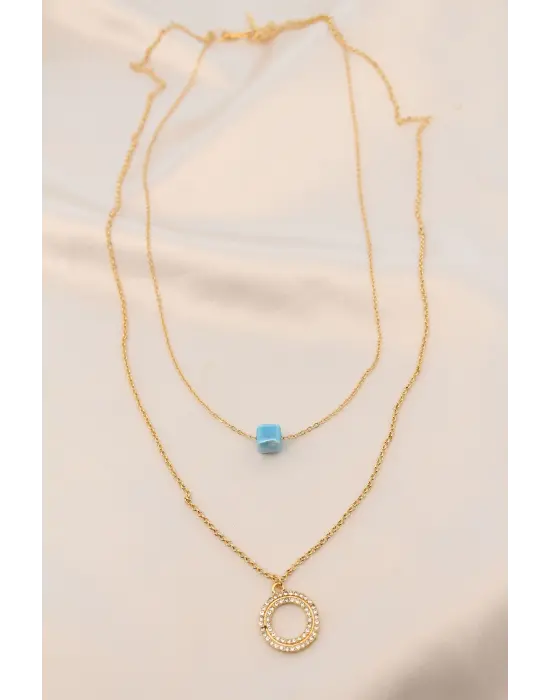 Gold Renk Metal Çift Zincirli Mavi Taşlı Kolye