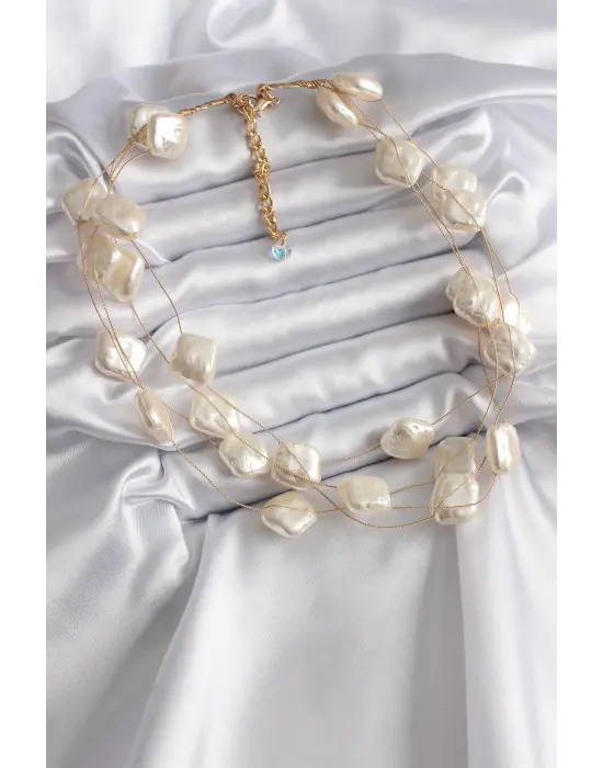 Altın  Metal Çoklu İnci Model  Çelik Kolye