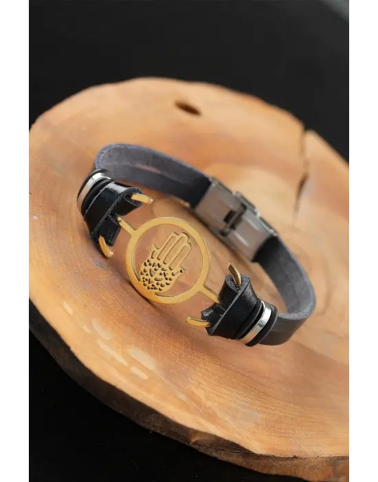Gold Renk Metal Fatma Ana Eli Tasarım Siyah Renk Deri Erkek Bileklik