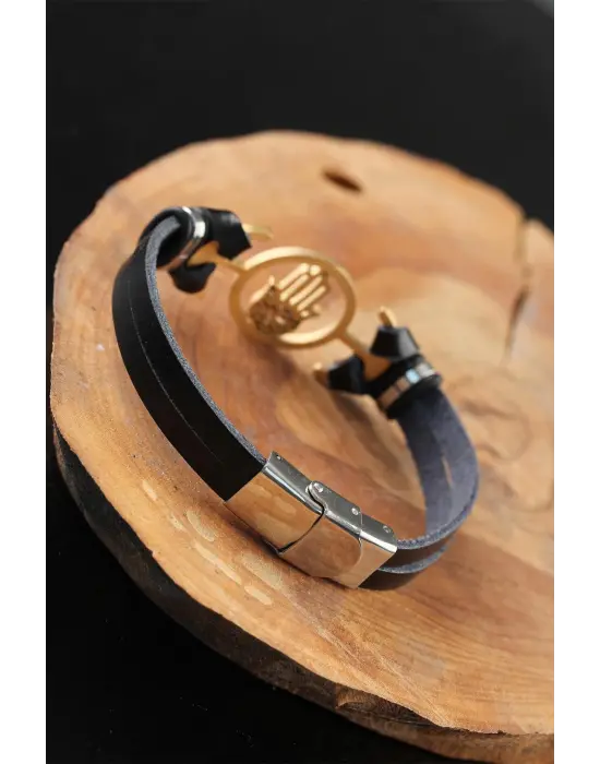 Gold Renk Metal Fatma Ana Eli Tasarım Siyah Renk Deri Erkek Bileklik
