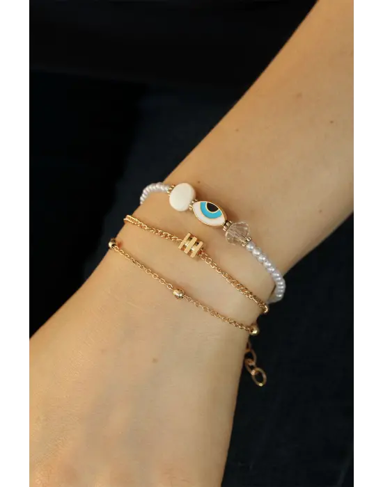 Gold Renk Metal Göz Figürlü İncili Çoklu Bileklik