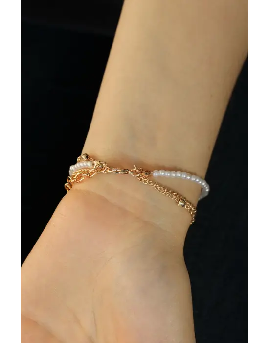 Gold Renk Metal Göz Figürlü İncili Çoklu Bileklik