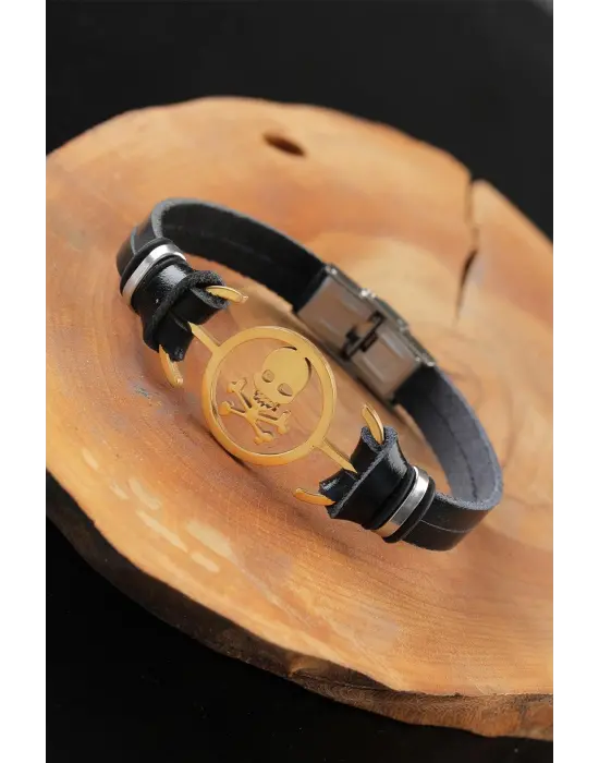 Gold Renk Metal Kuru Kafalı Tasarım Siyah Renk Deri Erkek Bileklik