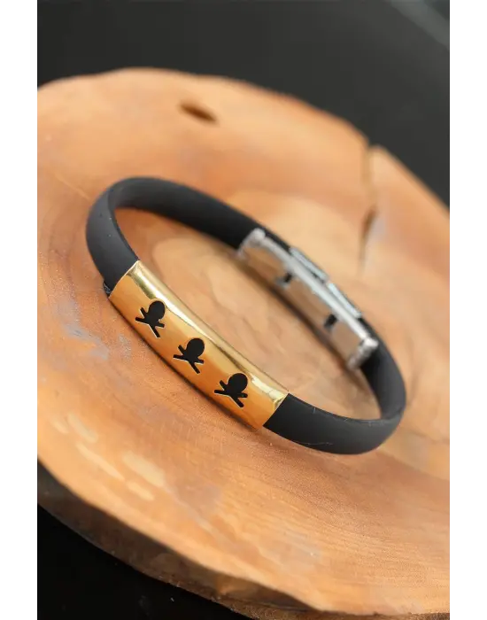 Gold Renk Metal Kuru Kafalı Tasarım Siyah Renk Silikon Erkek Bileklik