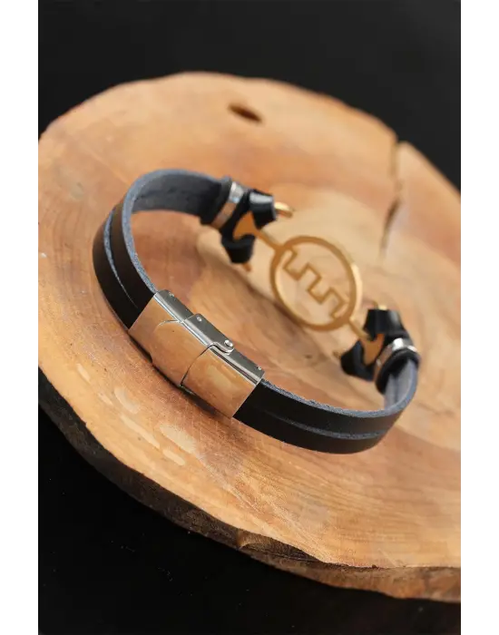 Gold Renk Metal Labirent Tasarım Siyah Renk Deri Erkek Bileklik