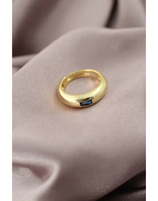 Gold Renk Metal Mavi Taşlı Bombeli Kadın Yüzük