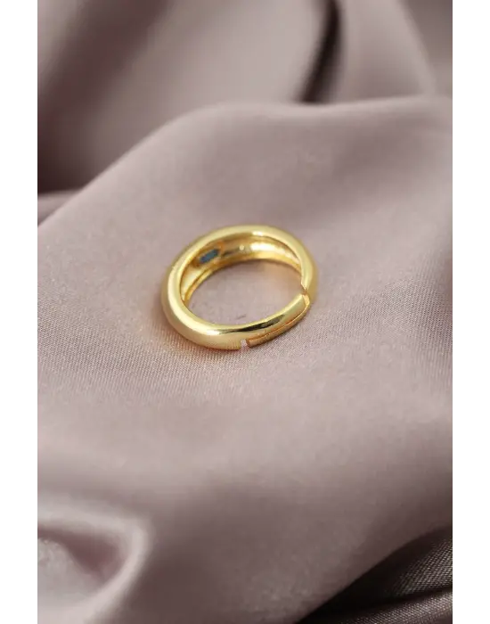 Gold Renk Metal Mavi Taşlı Bombeli Kadın Yüzük