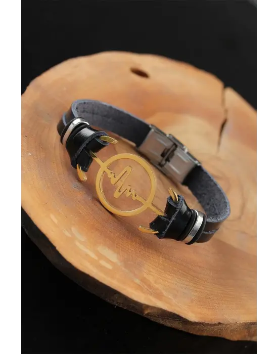 Gold Renk Metal Nabız Tasarım Siyah Renk Deri Erkek Bileklik