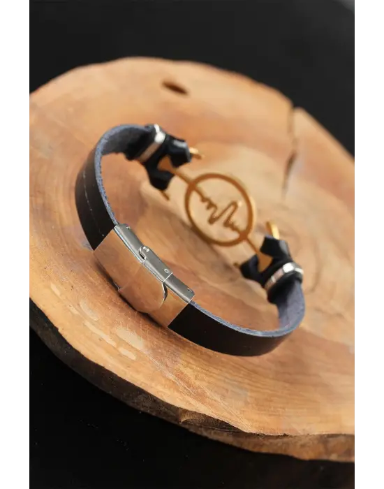 Gold Renk Metal Nabız Tasarım Siyah Renk Deri Erkek Bileklik