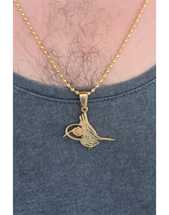 Gold Renk Metal Osmanlı Tuğra Figürlü Erkek Kolye