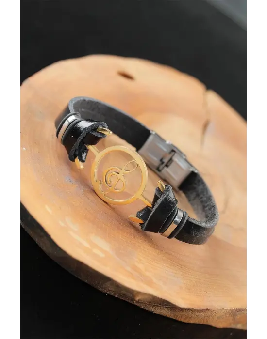 Gold Renk Metal Sol Anahtarlı Tasarım Siyah Renk Deri Erkek Bileklik