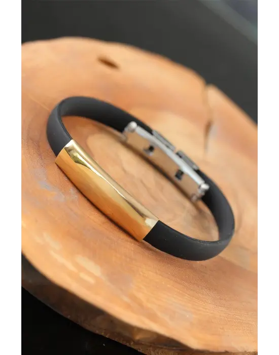 Gold Renk Metal Tasarım Siyah Renk Silikon Erkek Bileklik