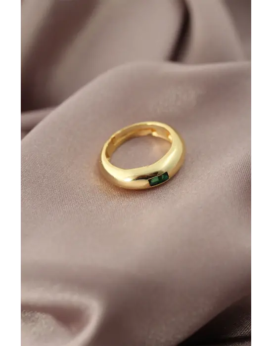 Gold Renk Metal Yeşil Taşlı Bombeli Kadın Yüzük
