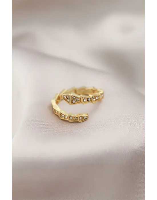 Altın Metal Yılan Tasarımlı Taşlı Çelik Yüzük