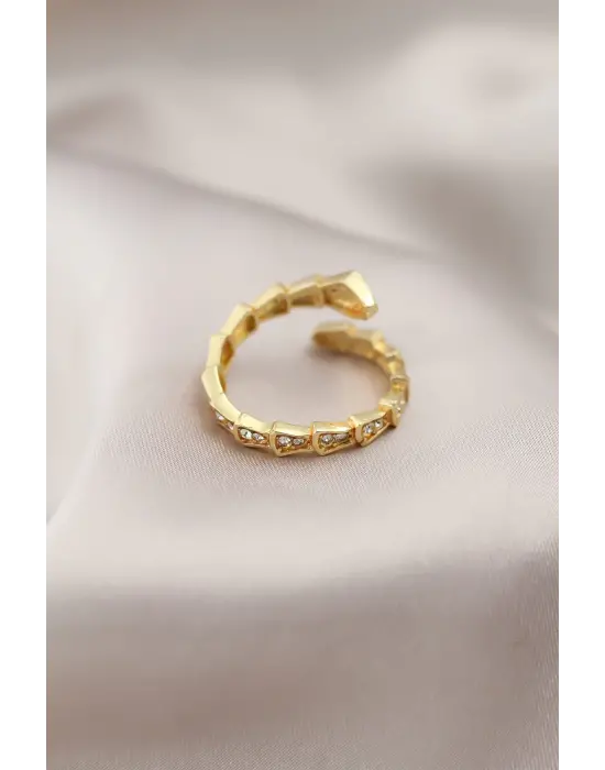 Altın Metal Yılan Tasarımlı Taşlı Çelik Yüzük