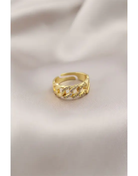 Altın Metal Zincir Model Taşlı Çelik Yüzük