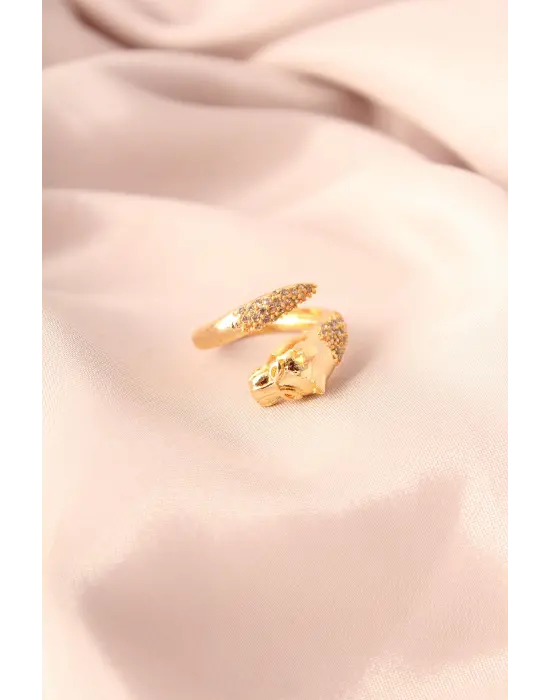 Gold Renk Metal Zirkon Taşlı Kaplan Model Ayarlanabilir Kadın Yüzük