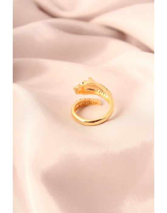 Gold Renk Metal Zirkon Taşlı Kaplan Model Ayarlanabilir Kadın Yüzük