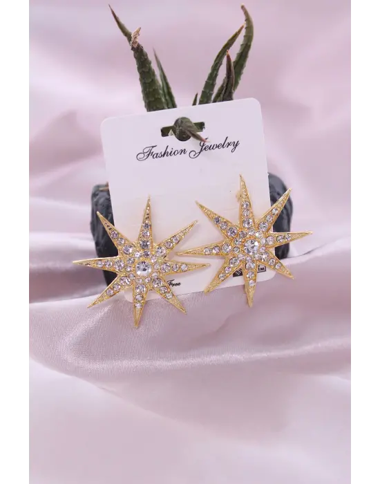 Gold Renk Metal Zirkon Taşlı Kutup Yıldızı Model Kadın Küpe Seti