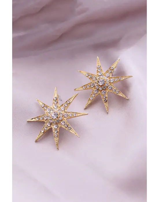 Gold Renk Metal Zirkon Taşlı Kutup Yıldızı Model Kadın Küpe Seti