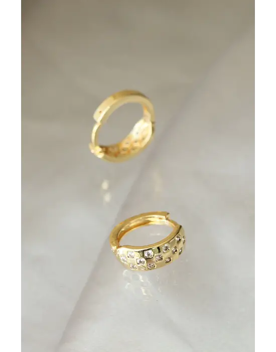 Gold Renk Metal Zirkon Taşlı Minimal Halka Küpe