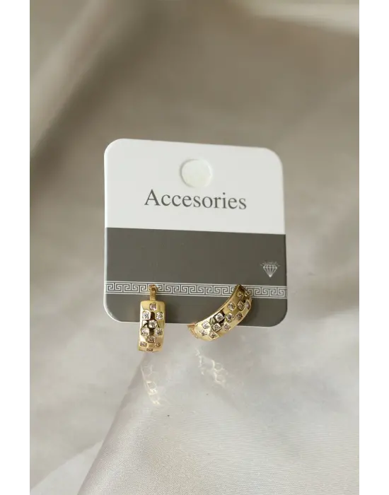 Gold Renk Metal Zirkon Taşlı Minimal Halka Küpe