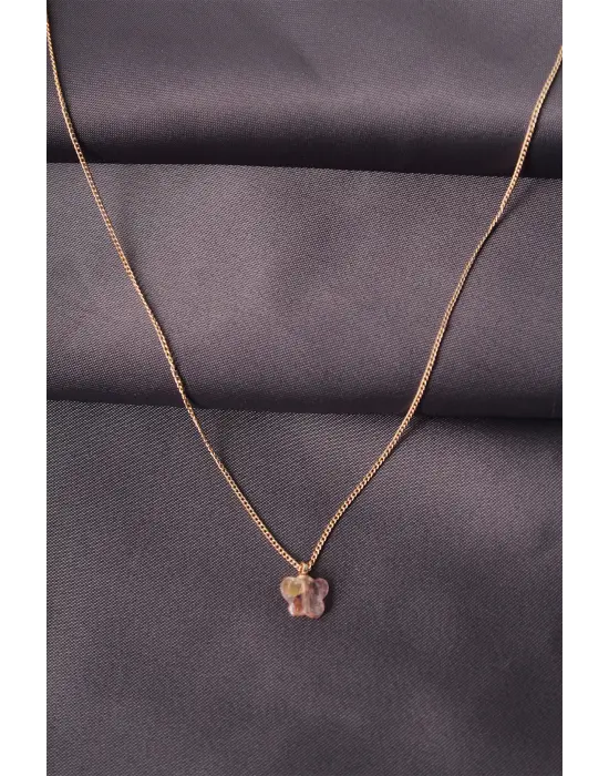 Gold Renk Metal Zirkon Taşlı Pembe Minimal Kelebek Detaylı Kadın Kolye