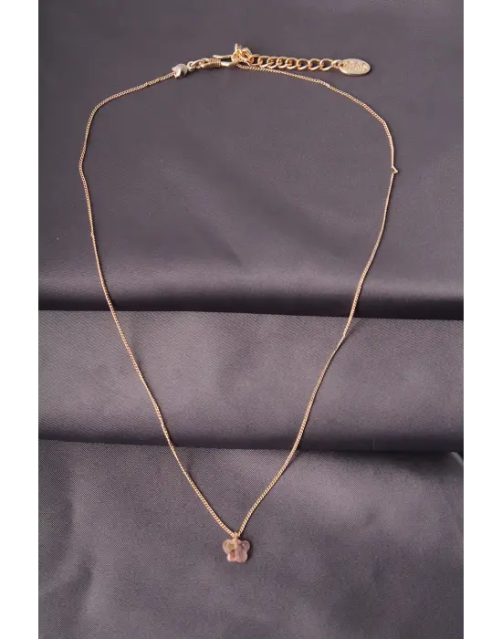 Gold Renk Metal Zirkon Taşlı Pembe Minimal Kelebek Detaylı Kadın Kolye