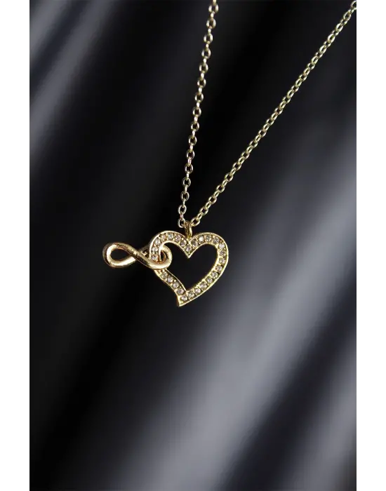 Gold Renk Metal Zirkon Taşlı Sonsuzluk ve Kalp Figürlü Kolye