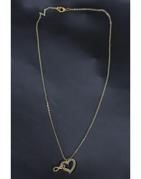 Gold Renk Metal Zirkon Taşlı Sonsuzluk ve Kalp Figürlü Kolye