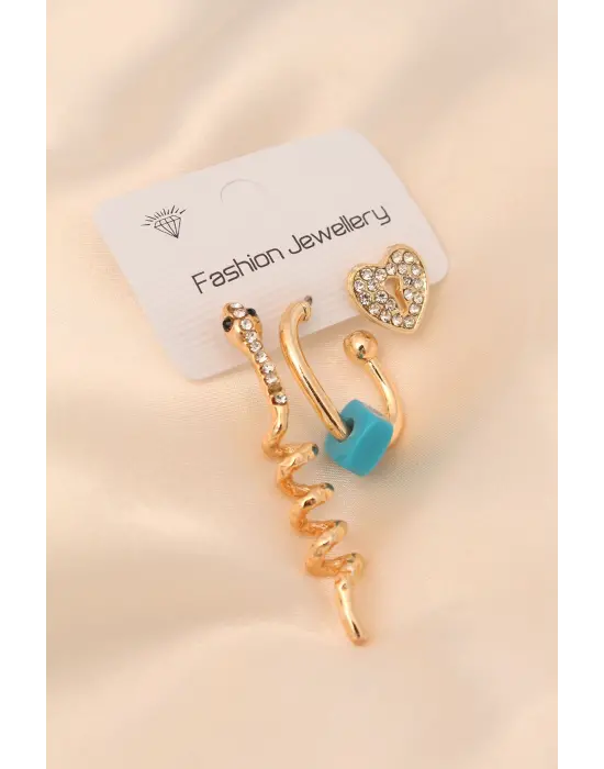 Gold Renk Metal Zirkon Taşlı Yılan ve Kalp Detaylı Küpe Seti