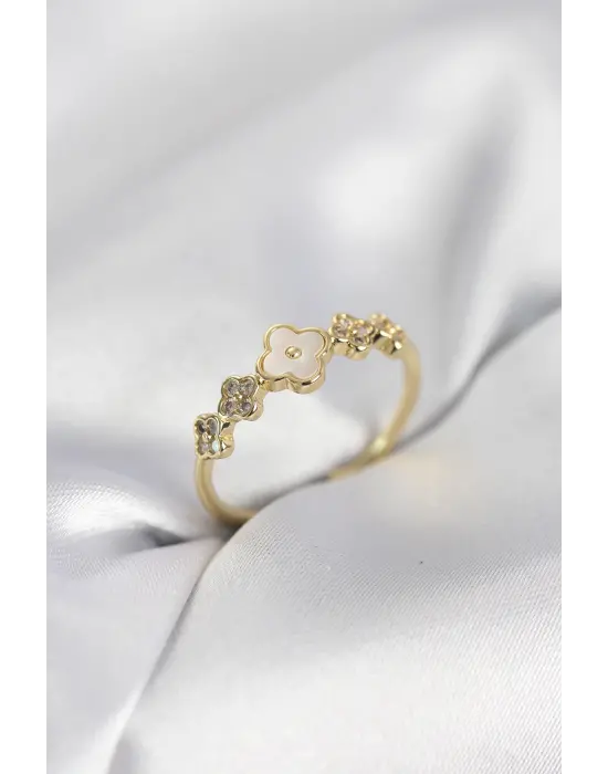 Gold Renk Minimal Yonca ve Zirkon Taşlı Kadın Yüzük