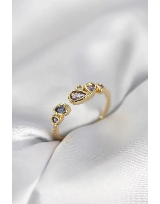 Gold Renk Mor Damla Zirkon Taşlı Kadın Yüzük