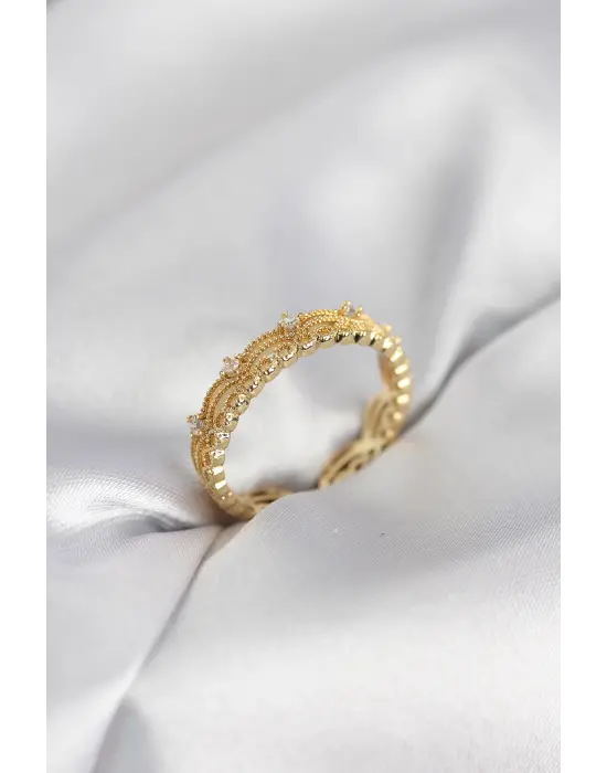 Gold Renk Motif Desenli Zirkon Taşlı Kadın Yüzük