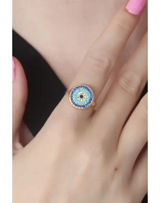 Altın Nazar Boncuk Figür Çelik Yüzük