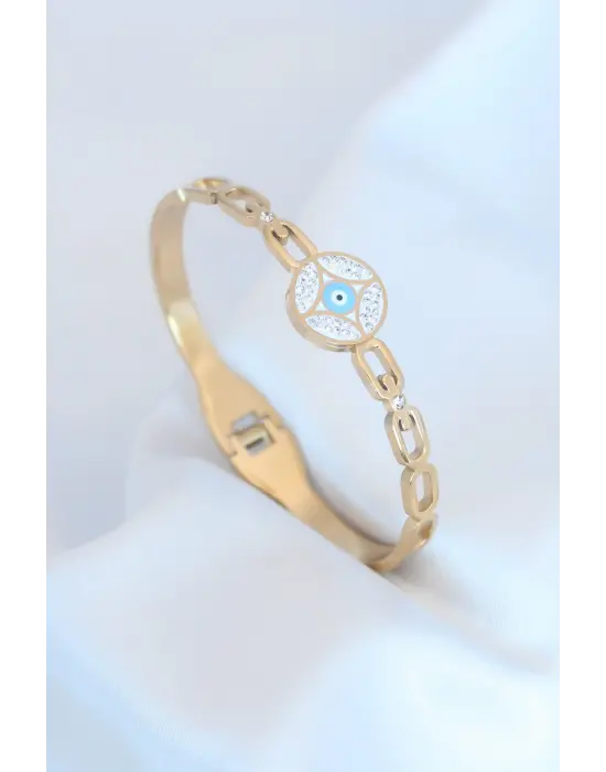 Gold Renk Nazar Boncuk Figür Zirkon Taş Detay Çelik Kadın Bileklik
