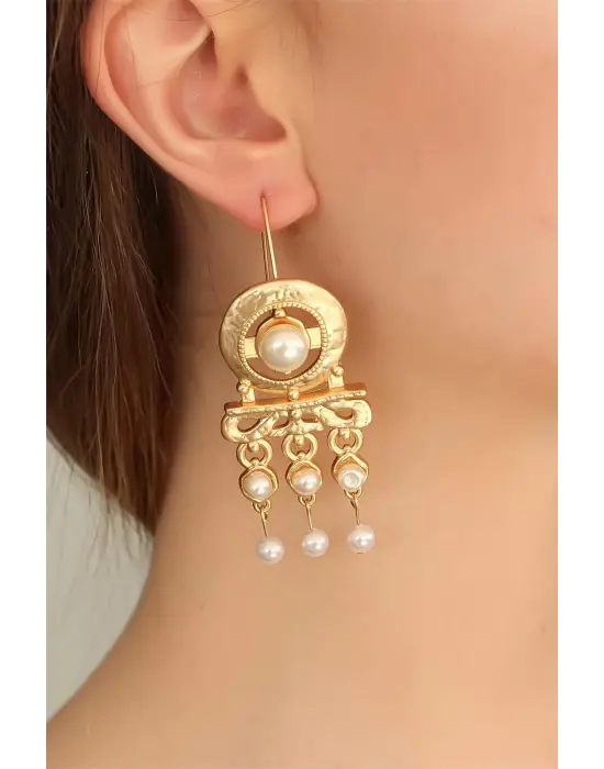 Gold Renk Otantik İnicili Bayan Küpe