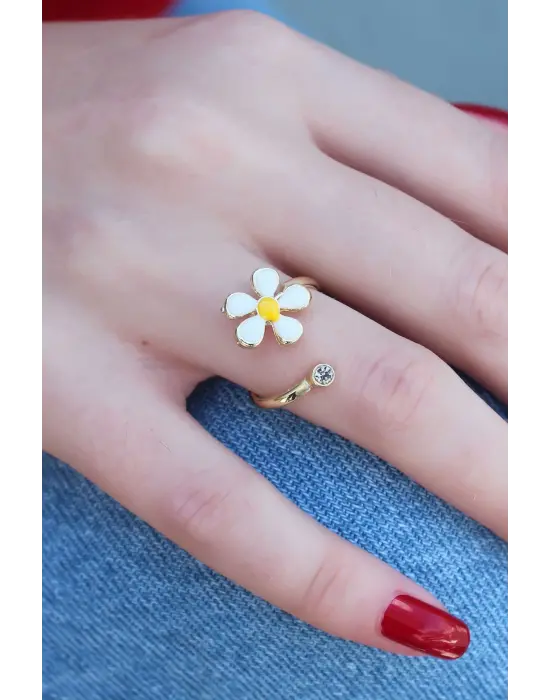 Altın Papatya Model Zirkon Taş Detay Çelik Yüzük