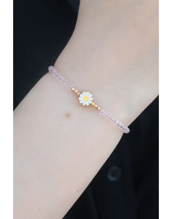 Gold Renk Pembe Boncuk Model Papatya Figür Kadın Bileklik