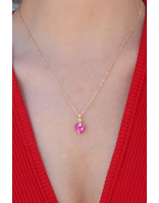 Altın  Pembe Kalp Kristal Taş  Çelik Kolye