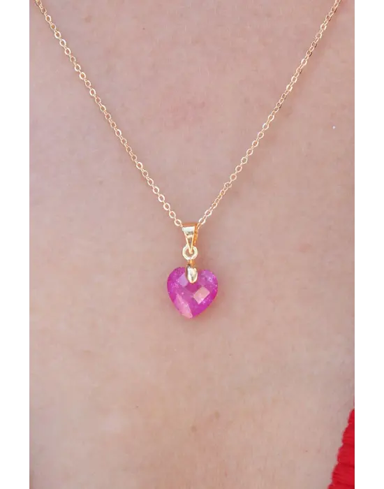 Altın  Pembe Kalp Kristal Taş  Çelik Kolye