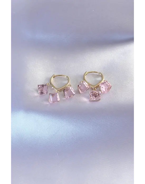 Gold Renk Pembe Kristal Taşlı Kadın Küpe