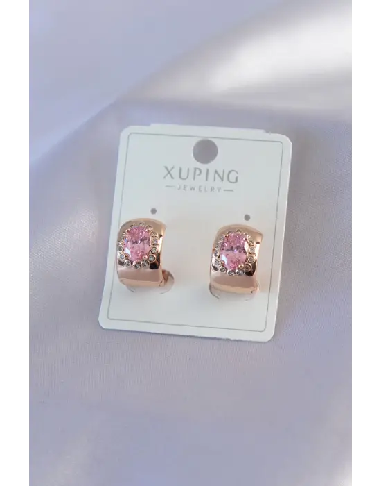 Altın Pembe Kristal Taşlı Yarım Halka Model Xuping Çelik Küpe