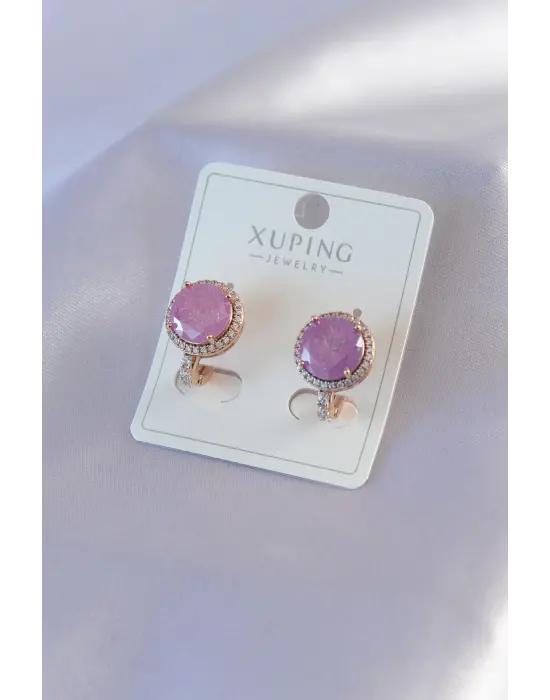 Altın Pembe Kristal Taşlı Zirkon Taş Detay Xuping Çelik Küpe