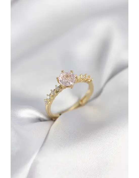 Gold Renk Pembe Tek Taş Model Zirkon Taşlı Kadın Yüzük