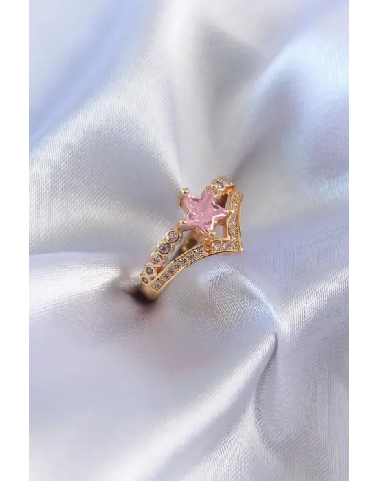 Altın Pembe Zirkon Taş Yıldız Model  Çelik Yüzük
