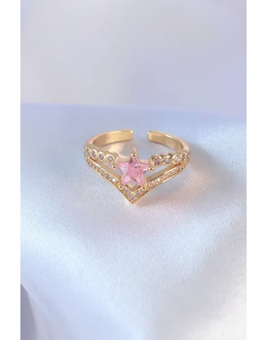 Altın Pembe Zirkon Taş Yıldız Model  Çelik Yüzük
