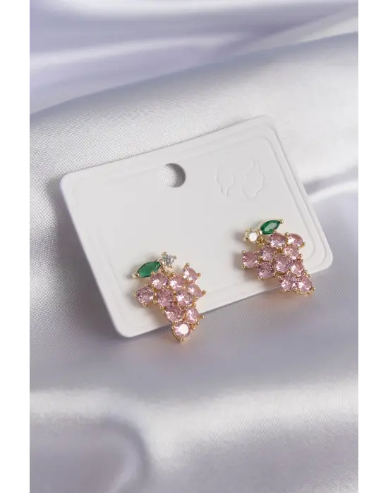 Gold Renk Pembe Zirkon Taşlı Üzüm Model Pirinç Kadın Küpe