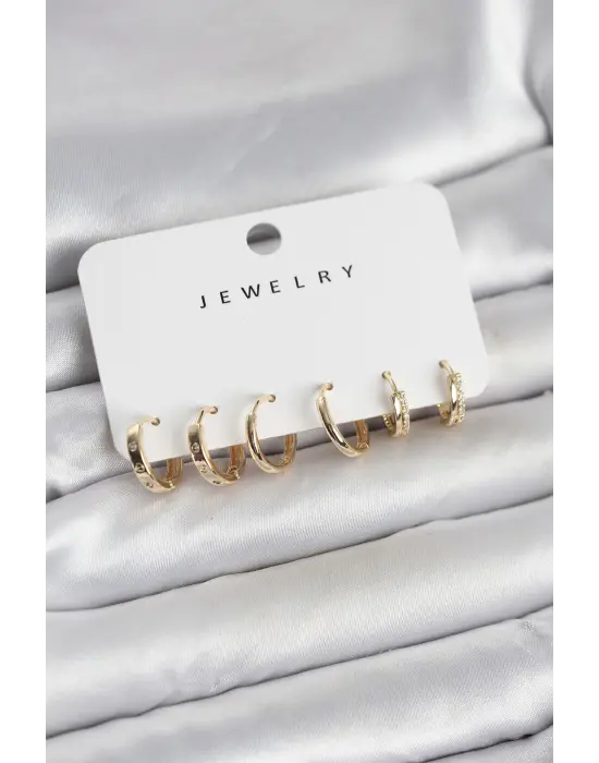 Gold Renk Pirinç 3 Çift Kadın Küpe Seti